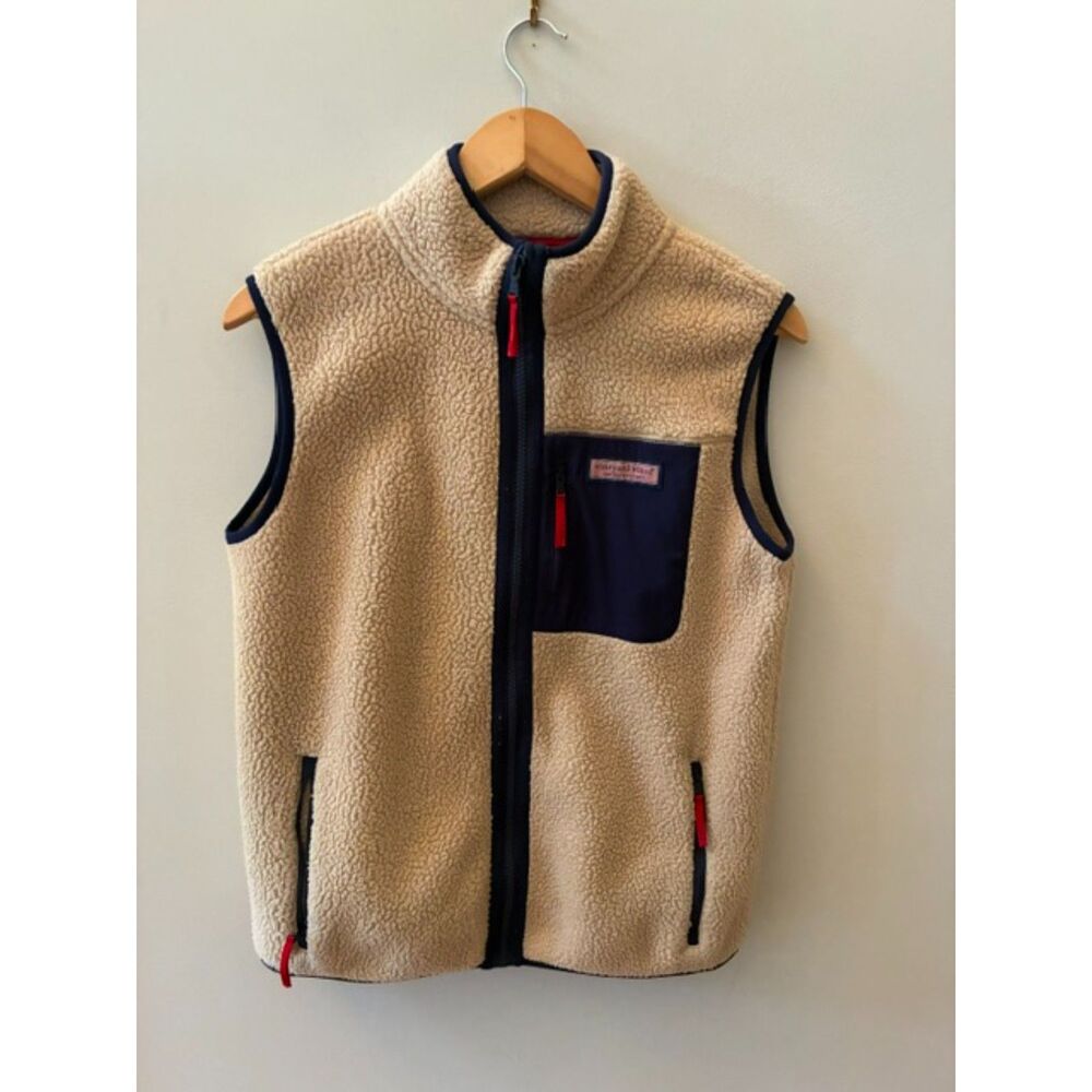 Vineyard Vines Sherpa Fleece Vest | Kids XL (18) | Navy & Cream | EUC